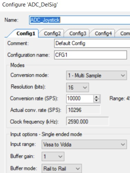 The joystick ADC runs in 16-bit multi-sample mode at 10,000 samples per second.