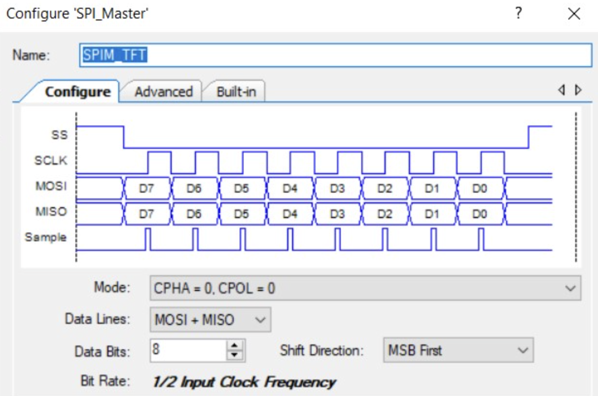 The SPI master uses 8-bit transfers, mode 0, and MSB-first ordering.